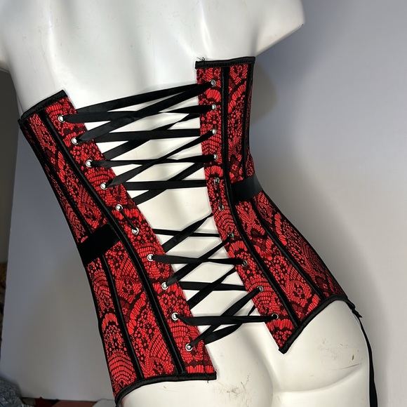 ADORE ME Scarlett Burlesque Strapless Red|Black Satin Lace Up Corset & Garters - Picture 4 of 15